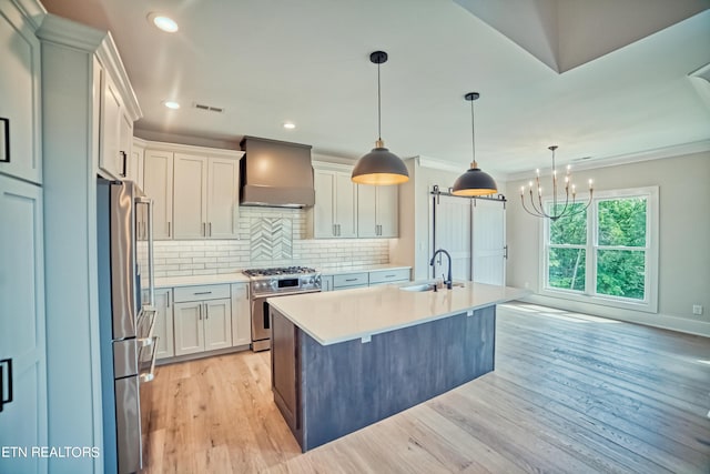 kitchen with stainless steel appliances, light countertops, backsplash, a sink, and wall chimney range hood