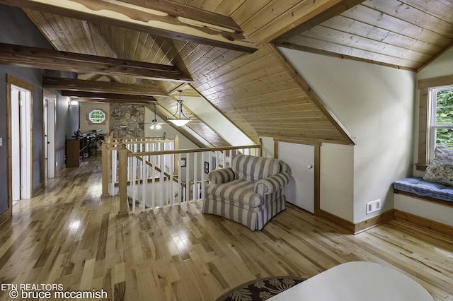 sitting room with wood ceiling and vaulted ceiling with beams