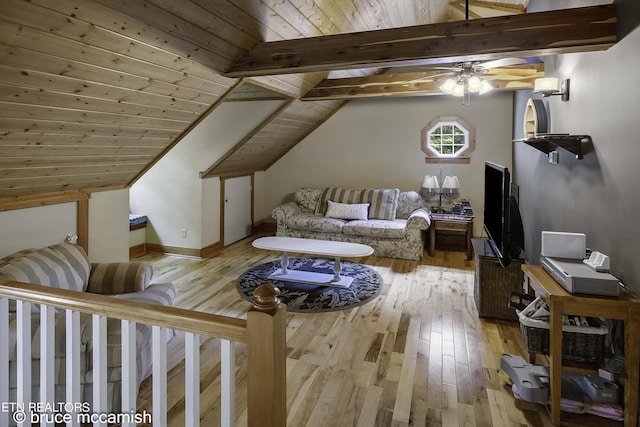 living room featuring wooden ceiling, light hardwood / wood-style flooring, vaulted ceiling with beams, and ceiling fan