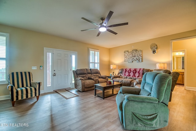 living room with ceiling fan and light hardwood / wood-style flooring