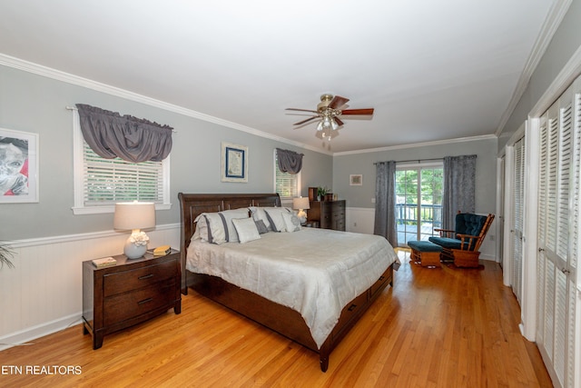 bedroom with ceiling fan, light hardwood / wood-style floors, and ornamental molding