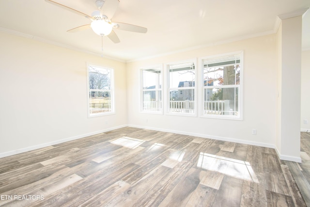 spare room featuring a wealth of natural light, ornamental molding, and hardwood / wood-style flooring