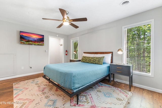 bedroom with ceiling fan and wood-type flooring