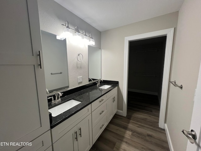 bathroom with vanity and hardwood / wood-style flooring