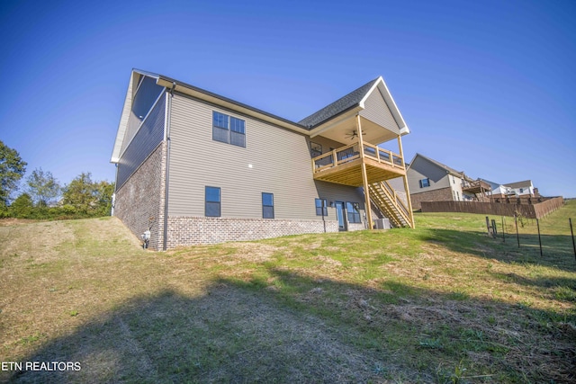 116 Duseth Dr, Sweetwater, TN 37874 - back of house with stairway, a ceiling fan, a deck, and brick siding