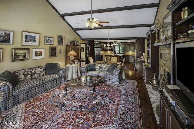 living area featuring a ceiling fan, lofted ceiling with beams, and dark wood-style floors