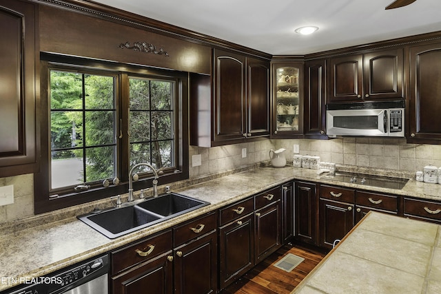 kitchen with tasteful backsplash, dark brown cabinets, appliances with stainless steel finishes, dark wood-style floors, and a sink