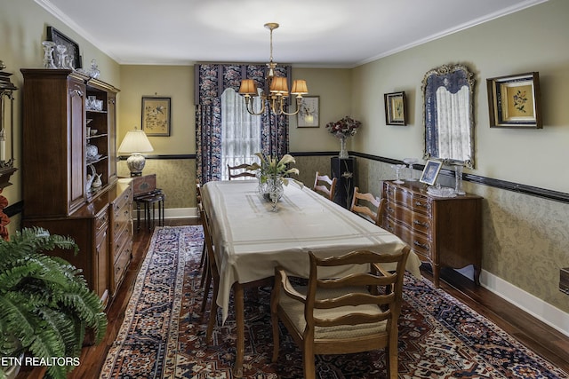 dining area with a wainscoted wall, ornamental molding, wallpapered walls, and wood finished floors