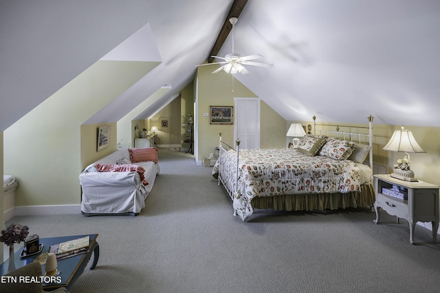 bedroom featuring a ceiling fan, lofted ceiling with beams, baseboards, and carpet floors