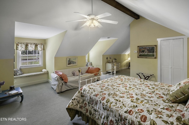 bedroom with a ceiling fan, a closet, carpet flooring, baseboards, and vaulted ceiling with beams