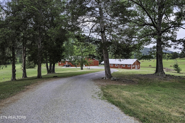 view of street with gravel driveway