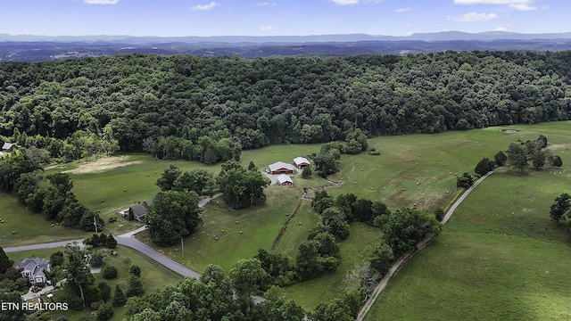 bird's eye view with a rural view, a view of trees, and a mountain view