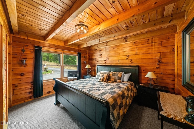 bedroom with wooden ceiling, beamed ceiling, wood walls, and carpet flooring