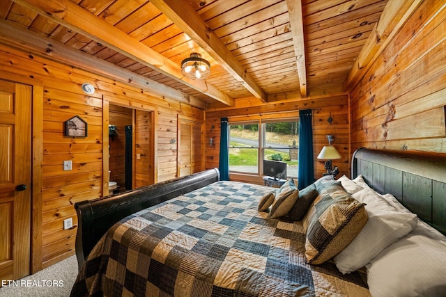 bedroom with wooden ceiling, wood walls, and beamed ceiling