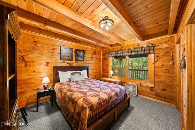 carpeted bedroom featuring wood ceiling, wood walls, and beamed ceiling