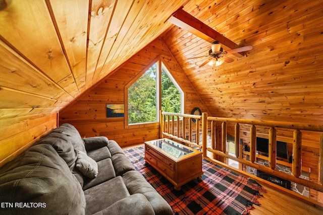 living room featuring ceiling fan, lofted ceiling with beams, wood-type flooring, wooden walls, and wooden ceiling