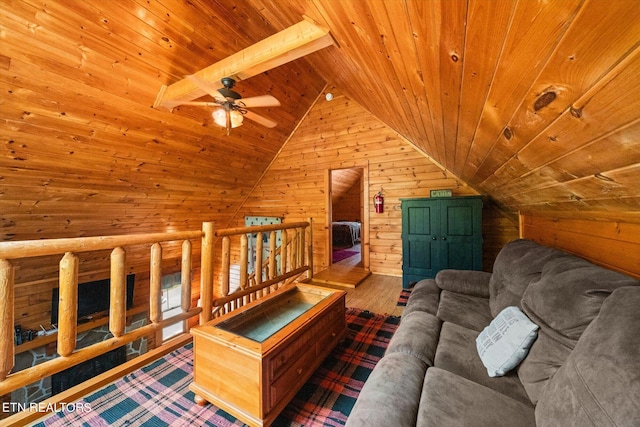 interior space featuring wood ceiling and wooden walls