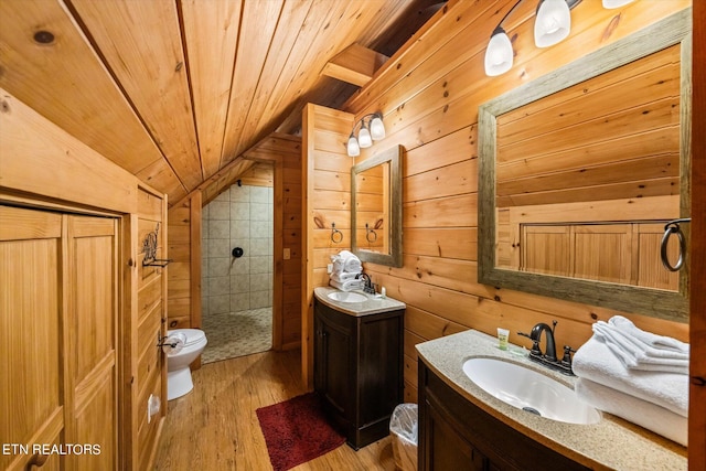 bathroom featuring lofted ceiling, wood ceiling, wood-type flooring, wooden walls, and walk in shower