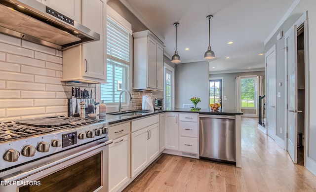 kitchen featuring appliances with stainless steel finishes, decorative backsplash, sink, white cabinetry, and range hood