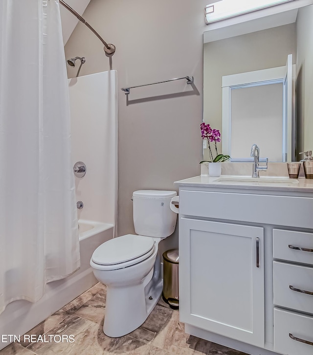 full bathroom with toilet, vanity, and shower / bathtub combination with curtain