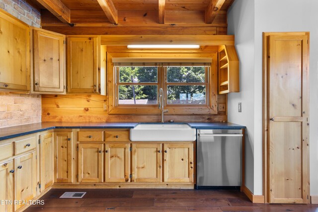 kitchen with dishwasher, beam ceiling, dark wood-type flooring, and sink