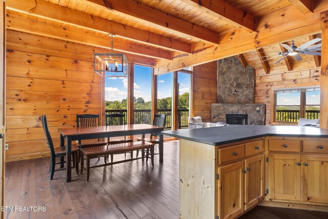 kitchen with kitchen peninsula, a fireplace, dark hardwood / wood-style floors, and plenty of natural light