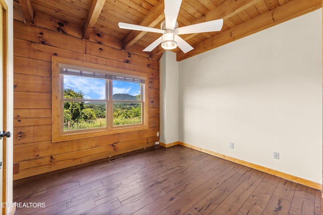 spare room with wooden ceiling, lofted ceiling with beams, wooden walls, dark hardwood / wood-style floors, and ceiling fan