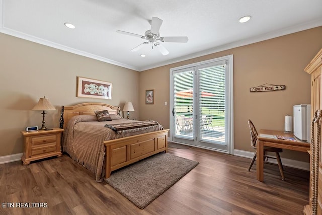 bedroom with access to outside, ceiling fan, dark wood-type flooring, and ornamental molding