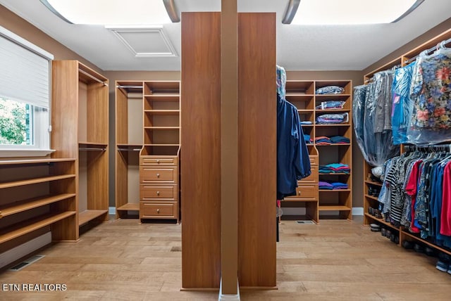 walk in closet with light wood-type flooring