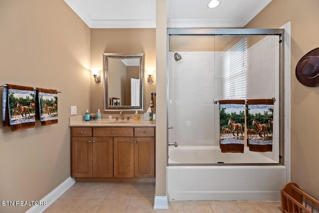 bathroom with combined bath / shower with glass door, vanity, ornamental molding, and tile patterned flooring