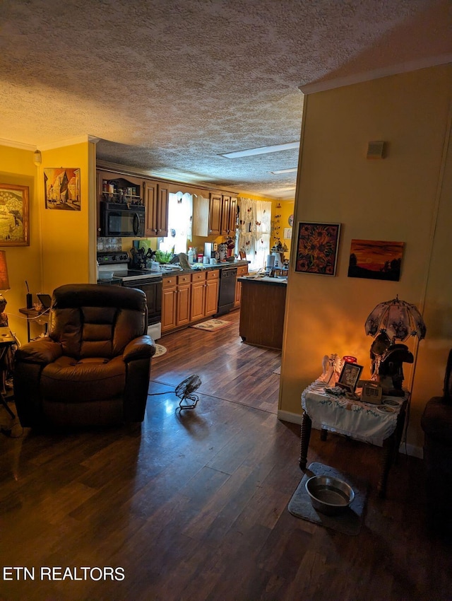 living room featuring crown molding, a textured ceiling, and dark wood-style flooring