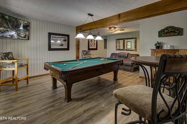 playroom with beam ceiling, hardwood / wood-style floors, wooden walls, and billiards