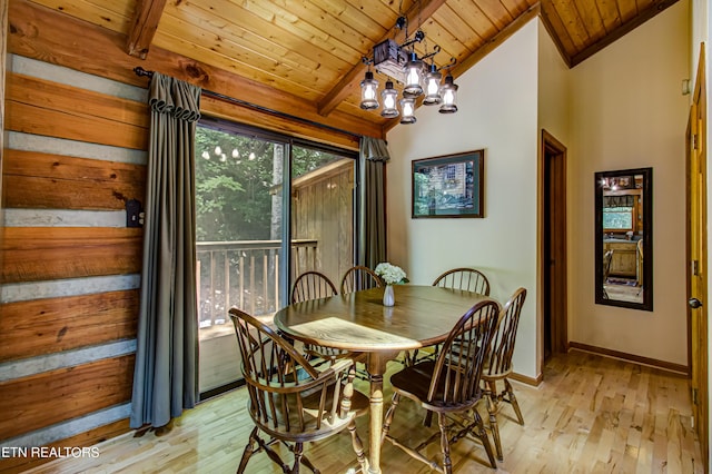 dining area with wooden ceiling, vaulted ceiling with beams, a chandelier, and light hardwood / wood-style flooring