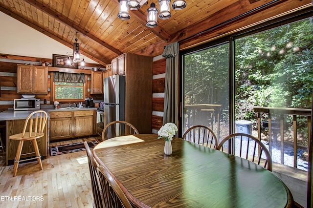 dining area with lofted ceiling with beams, sink, light hardwood / wood-style floors, and wooden ceiling