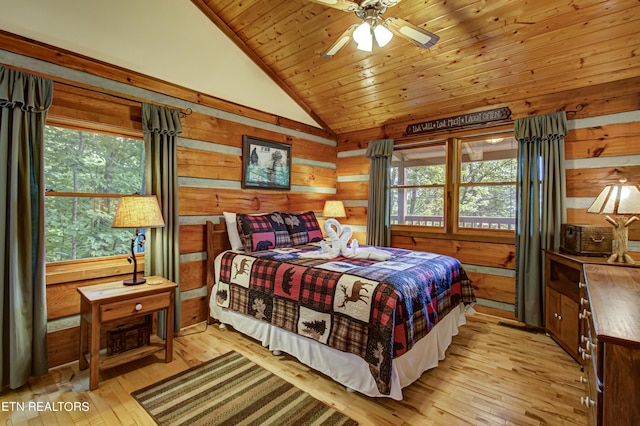 bedroom with ceiling fan, lofted ceiling, and wooden walls