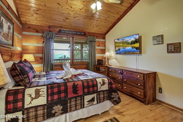 bedroom featuring wood ceiling, wooden walls, ceiling fan, light wood-type flooring, and lofted ceiling