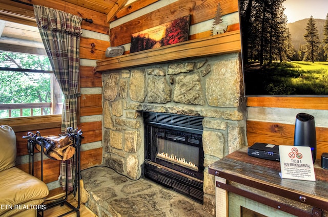 details with wooden walls and a stone fireplace