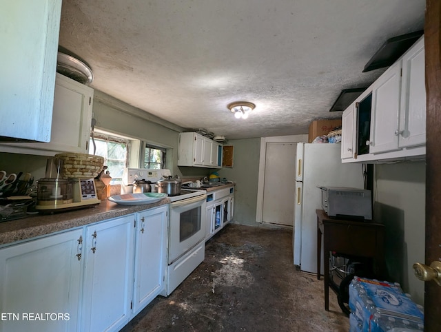 kitchen with white cabinetry, white electric stove, and a textured ceiling