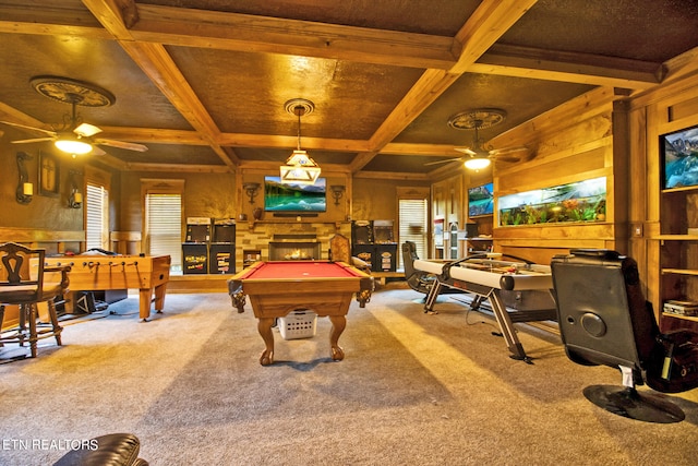 game room featuring pool table, a fireplace, ceiling fan, and coffered ceiling