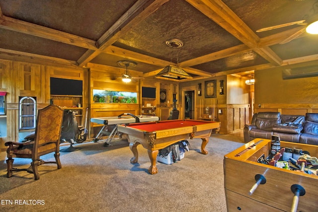 game room with beam ceiling, coffered ceiling, and billiards