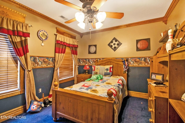 bedroom featuring ornamental molding, carpet flooring, and ceiling fan