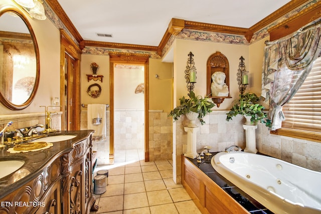 bathroom with tile patterned floors, crown molding, and dual bowl vanity