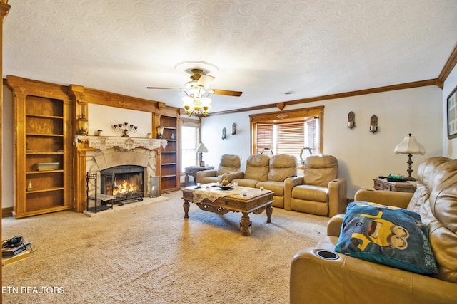 living room with carpet and a textured ceiling