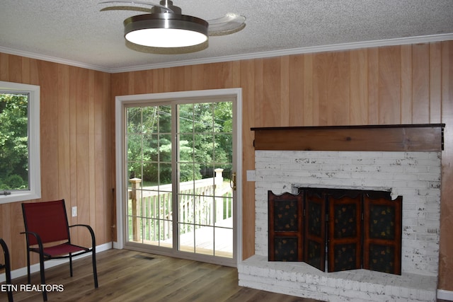 interior space featuring plenty of natural light, a textured ceiling, ornamental molding, and a fireplace