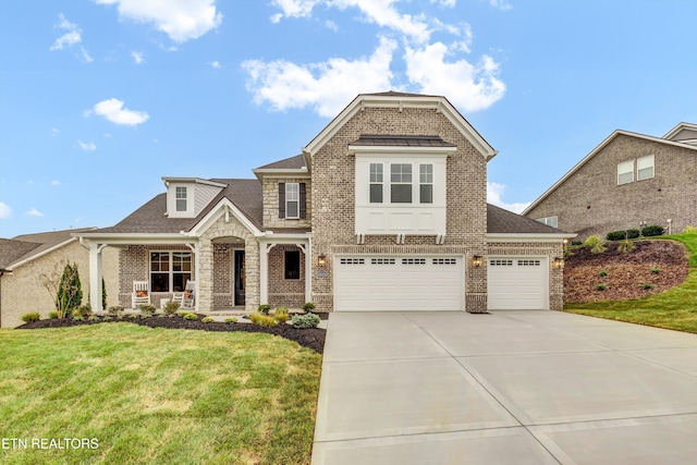 view of front of house featuring a garage, a front lawn, and a porch