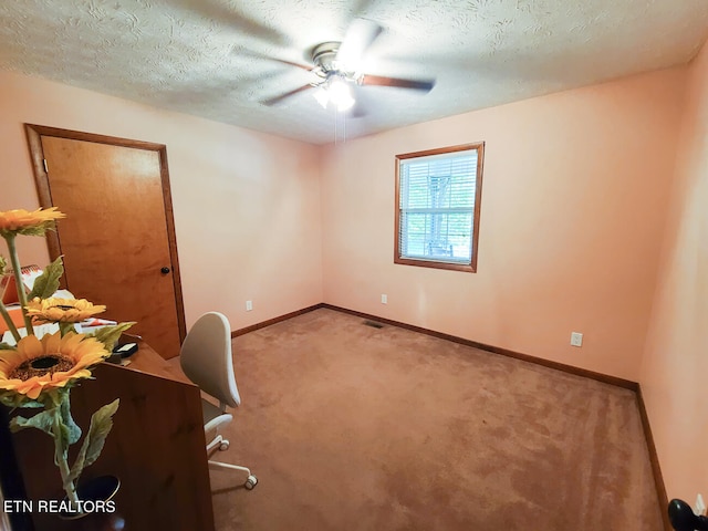 unfurnished office featuring light carpet, ceiling fan, and a textured ceiling