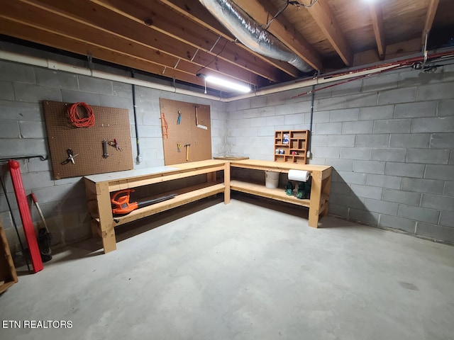 basement with a workshop area