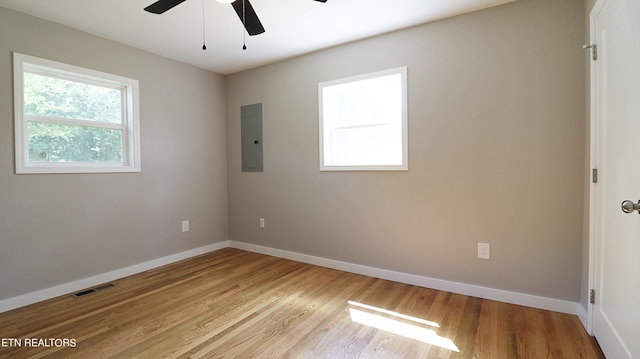 spare room with ceiling fan, electric panel, a healthy amount of sunlight, and light hardwood / wood-style flooring