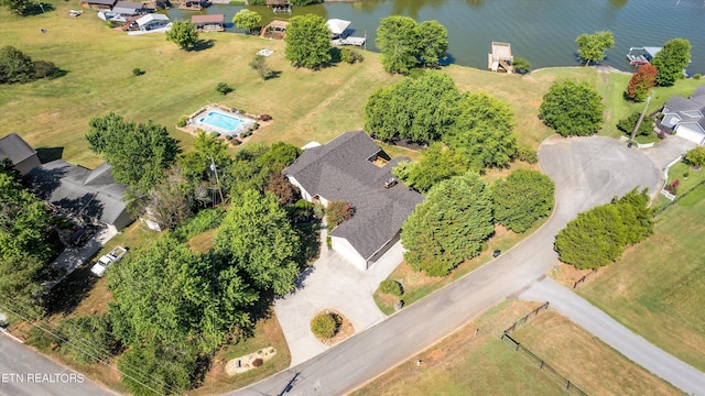 drone / aerial view with a water view