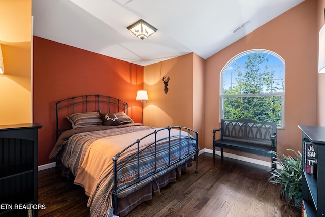 bedroom with dark hardwood / wood-style flooring and lofted ceiling